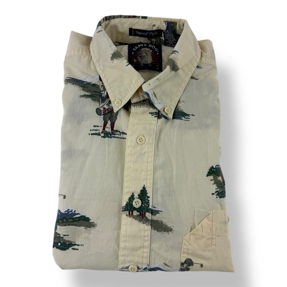 GANT x‎ Salty Dog Cream Cotton Poplin Button Down Shirt Golfer Print S/S Large